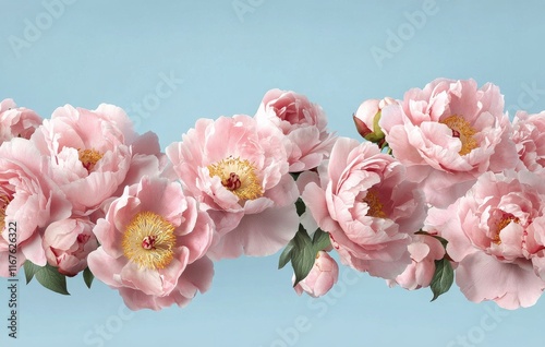 Blossoming peonies arranged on a blue background in a beautiful floral display