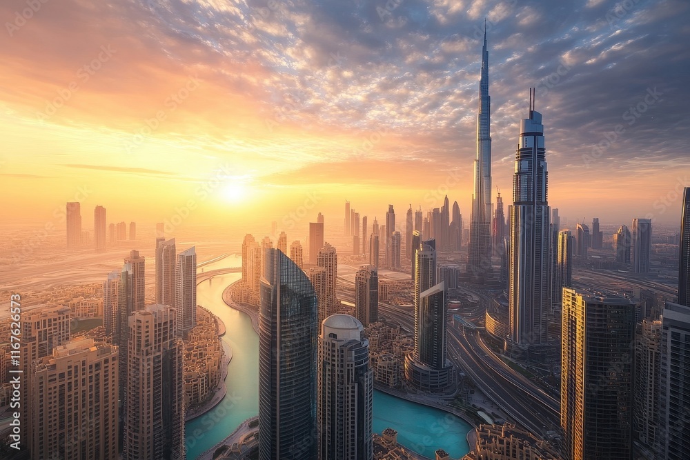 Naklejka premium Stunning skyline of Dubai at sunset showcasing modern architecture along the winding river