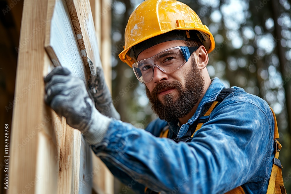 Skilled Worker Using Tools to Frame a Structure in a Wooded Area During Daylight Hours Skilled Worker Using Tools to Frame a Structure in a Wooded Area During Daylight Hours
