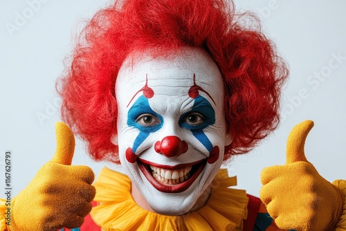 Happy clown showing thumbs up with red wig and colorful makeup photo