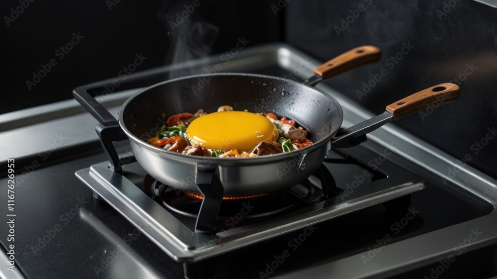 Frying pan with a perfectly cooked sunny-side-up egg, vegetables, and mushrooms on a stove. Steam rising. Frying pan with a perfectly cooked sunny-side-up egg, vegetables, and mushrooms on a stove. Steam rising.