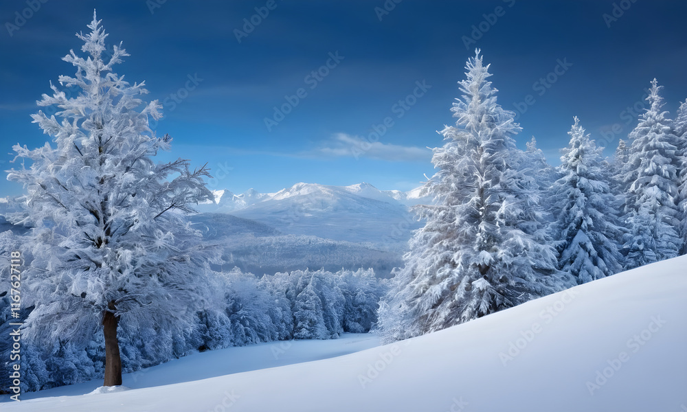 Snow covered trees standing on mountainside overlooking scenic valley Snow covered trees standing on mountainside overlooking scenic valley