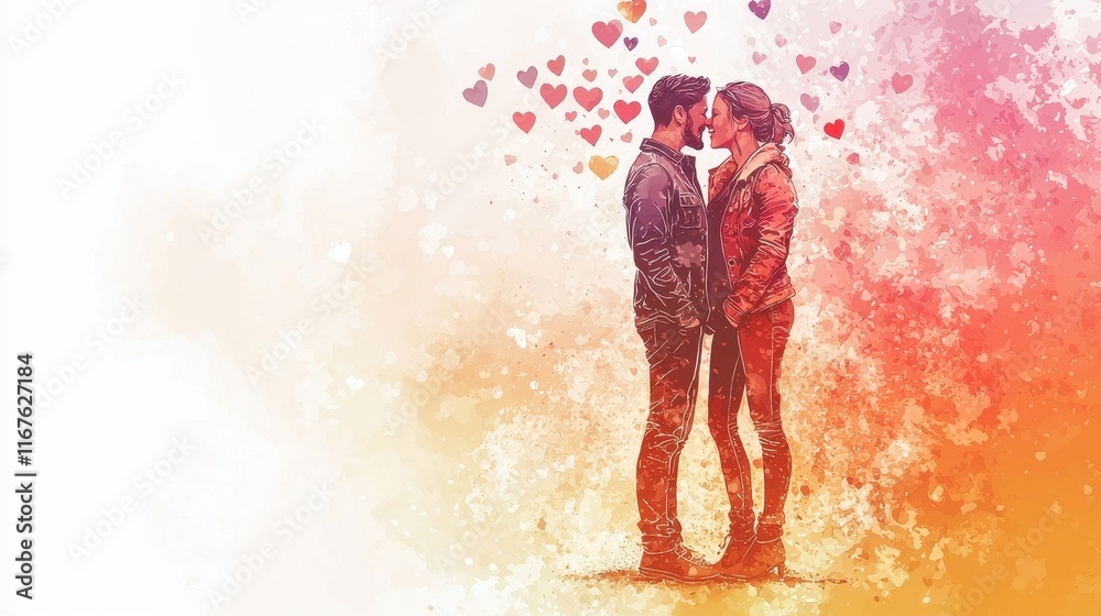 Romantic Couple Embracing Surrounded by Heart Symbols Abstract Art Romantic Couple Embracing Surrounded by Heart Symbols Abstract Art