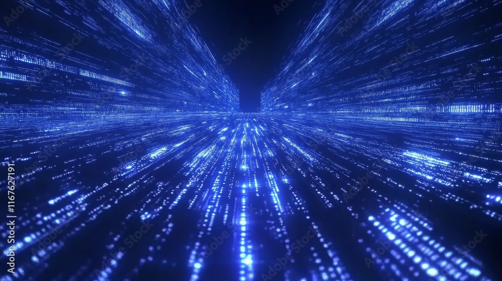 Obraz premium A mesmerizing blue matrix code cascades down the screen, creating a digital tunnel effect in a virtual landscape