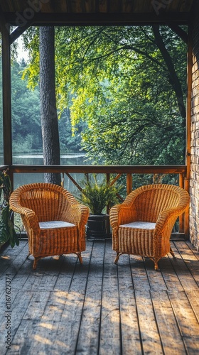 Cozy wicker chairs in a sunlit room surrounded by lush green plants