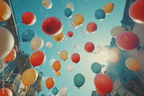 Colorful balloons float in a bright sky above a festive gathering on a sunny day