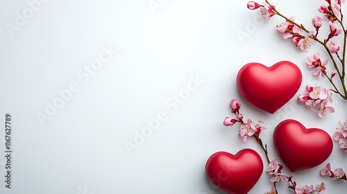 Three Red Hearts and Delicate Pink Blossoms