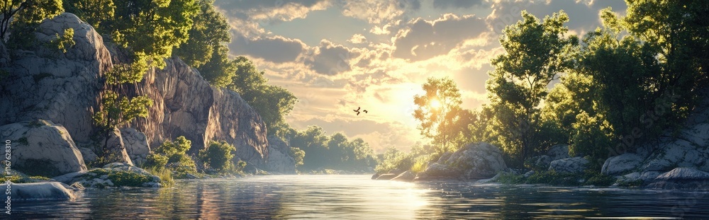 Panoramic view of a beautiful natural scene: a river with green trees and rocky cliffs, the sun shining through the clouds Panoramic view of a beautiful natural scene: a river with green trees and rocky cliffs, the sun shining through the clouds
