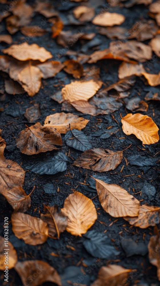 Autumn leaves scattered on dark ground in a peaceful forest setting Autumn leaves scattered on dark ground in a peaceful forest setting