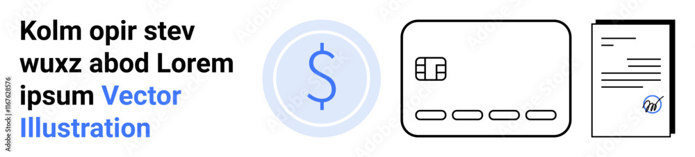 Concept with dollar icon, credit card, and document illustrates financial transactions, payment processing, and accounting. Ideal for banking, finance, e-commerce, money management bookkeeping Concept with dollar icon, credit card, and document illustrates financial transactions, payment processing, and accounting. Ideal for banking, finance, e-commerce, money management bookkeeping