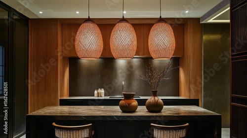 Stylish modern kitchen interior with unique lighting and earthy decor elements
