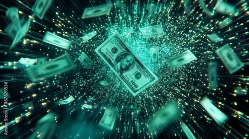 Moving money through a digital network with bills and binary code in a futuristic setting