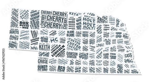 Nebraska shape text cloud. State border with shadow on white background. Nebraska with counties division in vintage gazette style. Elegant vector illustration.