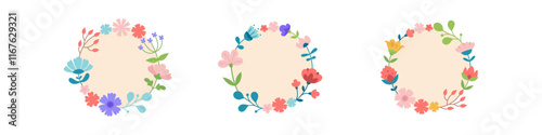 Flower frame. Circle floral banner. Round floristic decoration template. Isolated botany mock up. 