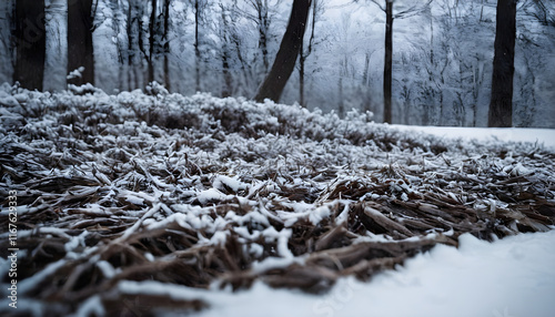 Snow covered brush in forest clearing during winter
