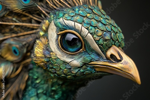 Detailed close-up of a vibrant, textured sculpture resembling a mythical crea...