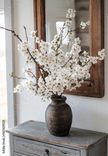 Elegant floral arrangement in a vintage vase on a wooden table with mirror re...