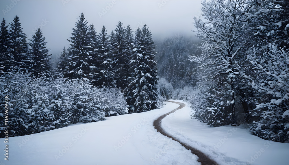 Obraz premium Snow covered road winding through a snowy forest