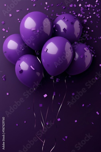 Celebration with purple balloons and confetti on a backdrop for a festive event