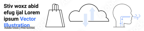 Shopping bag, cloud with arrows, and human head with airflow diagram represent e-commerce, cloud computing, and respiration processes. Ideal for tech, healthcare, e-commerce, infographics education