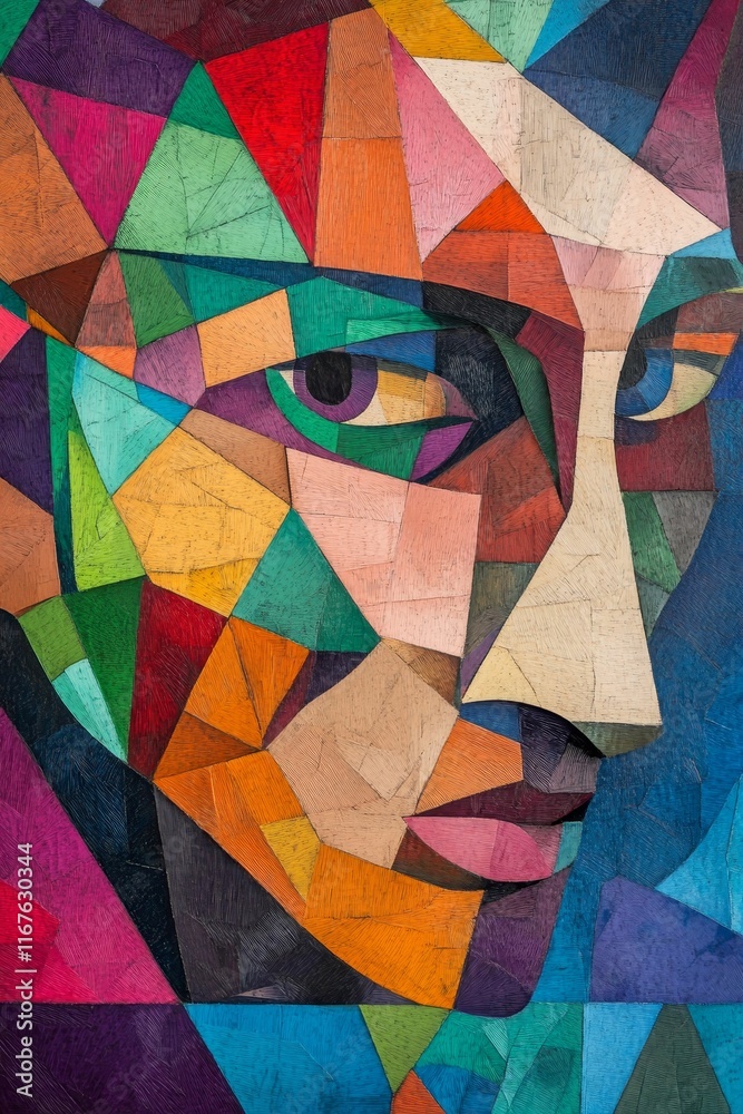 Fototapeta premium Abstract portrait, colorful geometric shapes, textured paint.