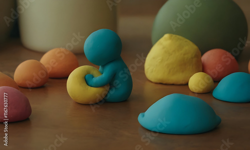 Blue figurine holding yellow ball with colorful playdoh around