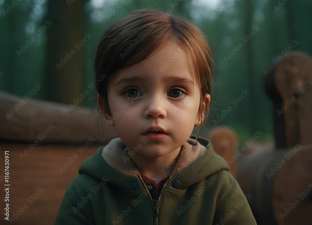 Little girl with big eyes looking curious in the woods Little girl with big eyes looking curious in the woods