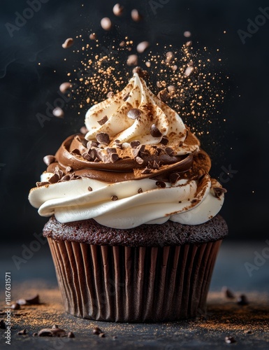 Delicious chocolate cupcake topped with creamy frosting and cocoa dusting in ...