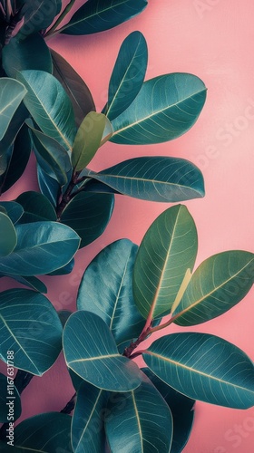 Vibrant green leaves against a pink backdrop create a striking visual contras...