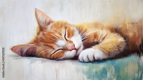 
cat pastelpainting, cat sleeping on the bed photo