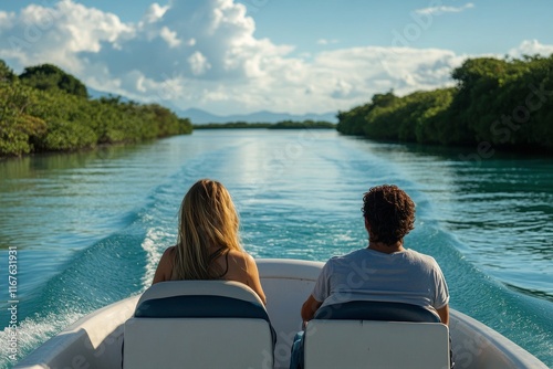 Couple enjoying a serene boat ride on a tranquil river surrounded by lush gre...