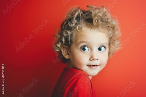 Curious child with curly blond hair poses against a coral background