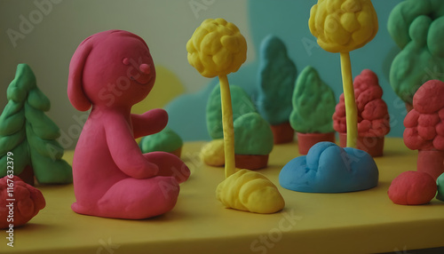 Pink claymation dog relaxing in a colorful clay forest