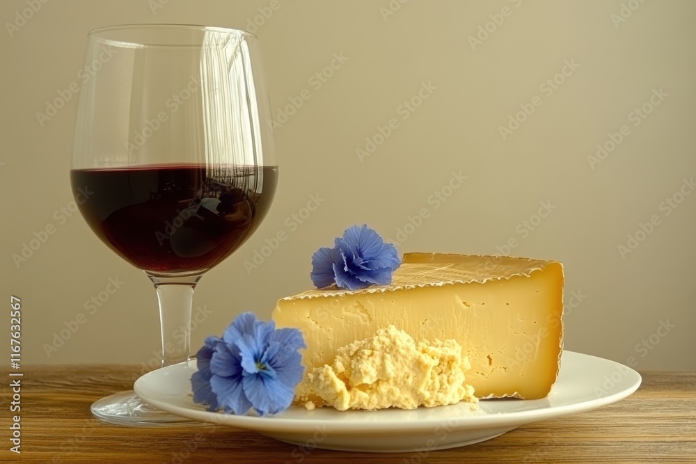 Gourmet cheese platter with deep red wine and edible flowers on rustic wooden table Gourmet cheese platter with deep red wine and edible flowers on rustic wooden table
