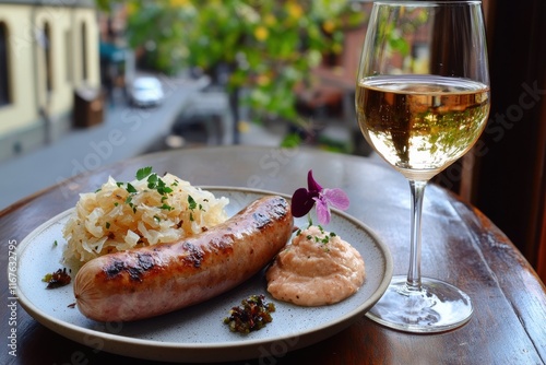 Grilled bratwurst with tangy sauerkraut and chilled Riesling on a rustic wooden table photo