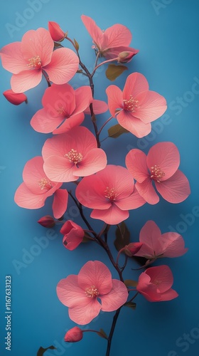 Blooming pink blossoms against a blue background create a vibrant floral display