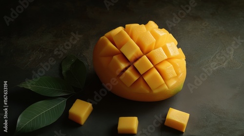 Bright yellow mango cubes are artistically arranged with fresh green leaves on a dark backdrop photo