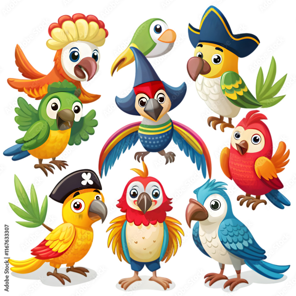 set of cartoon birds isolated on transparent background set of cartoon birds isolated on transparent background