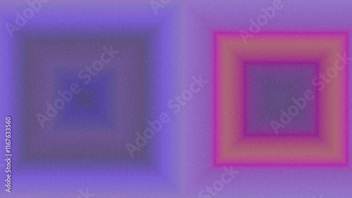 Ultraviolet glow purple greyish lilac blue neon pink faded orange color gradient background with two square shape frames. Video channel end screen 16:9, copy space. Retro design. Grainy noise texture