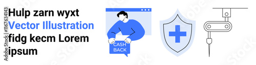 Cashback promotion, medical shield with a cross, and automation robot arm. Ideal for e-commerce, healthcare, security, technology, online services, educational content, presentations. Landing page
