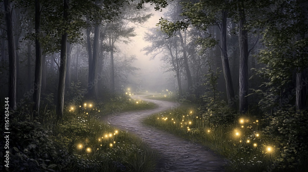 Naklejka premium Magical forest path at night with fireflies.