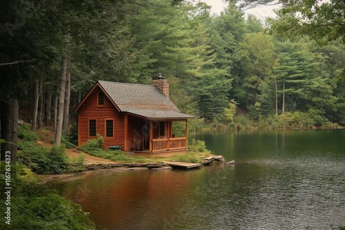 Rustic cabin by a serene lake surrounded by tall trees in a tranquil woodland...