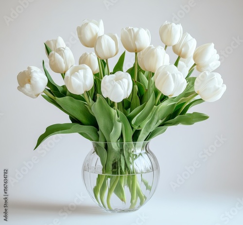 Beautiful white tulips arranged in a clear glass vase on a light background