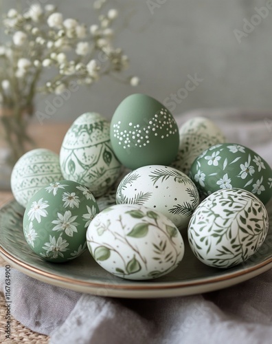 Beautifully decorated green and white Easter eggs arranged on a decorative plate