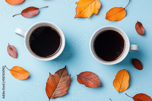 Two cups of coffee surrounded by colorful autumn leaves on a light blue backg...