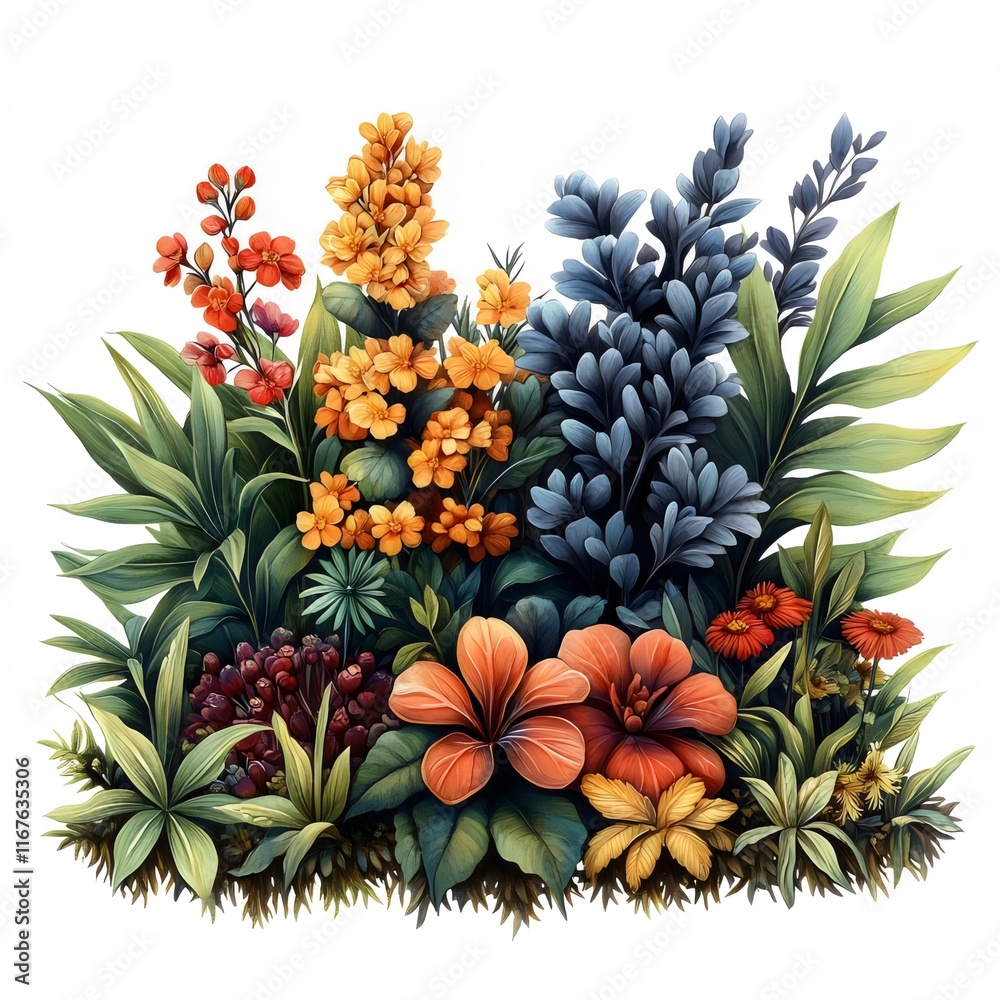 Fototapeta premium A colorful flower garden with a variety of flowers including daisies, lilies