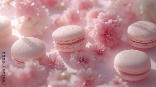 Sweet pink macarons surrounded by delicate flowers create a charming dessert ...