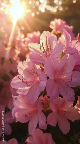 Pink azalea blooms illuminated by golden sunlight during a spring evening
