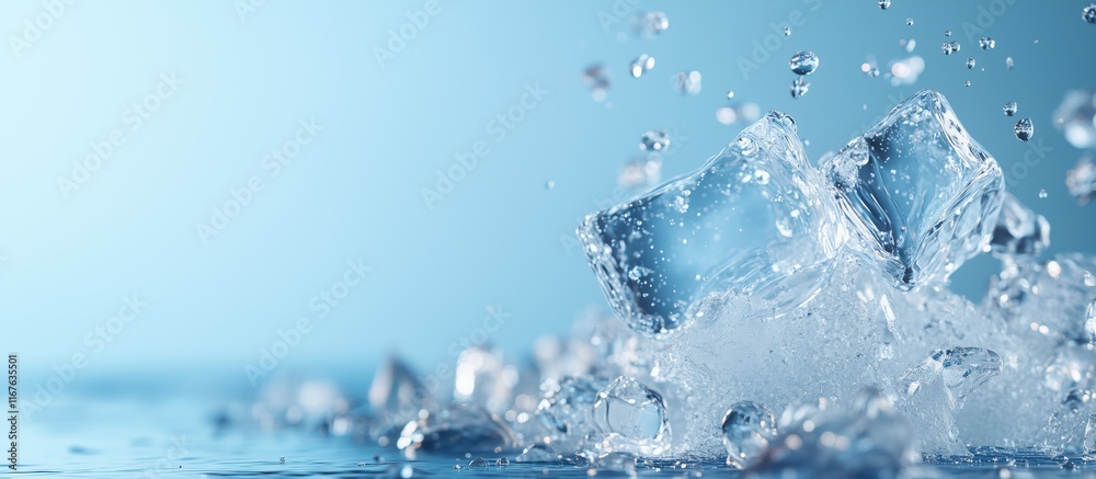 Close-up of ice cubes splashing and cascading into water, creating a dynamic and refreshing visual. Close-up of ice cubes splashing and cascading into water, creating a dynamic and refreshing visual.