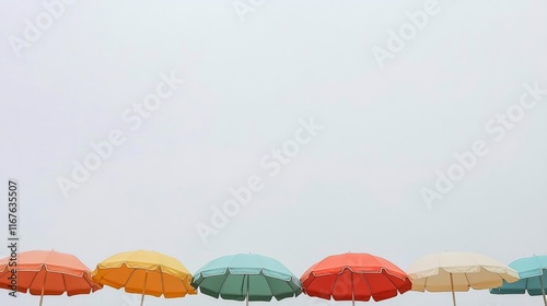 Colorful beach umbrellas lined up against a cloudy sky at the coastline